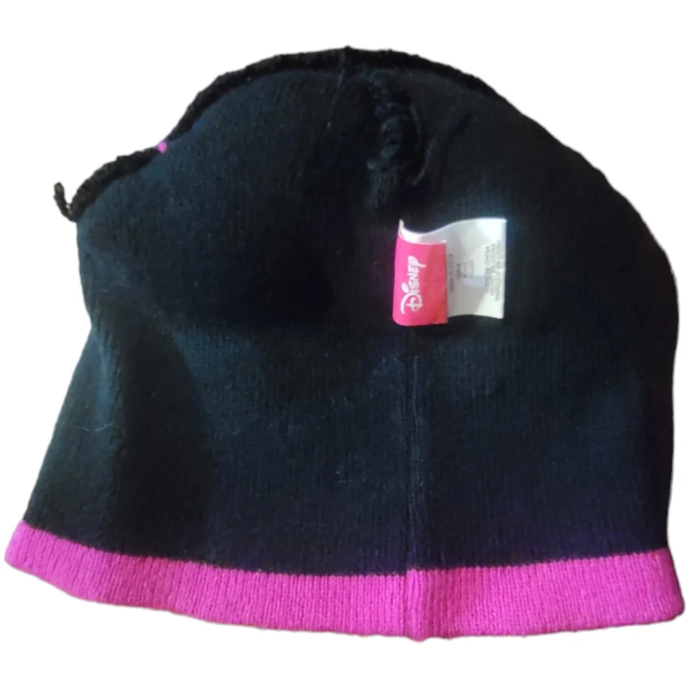 Vtg Disney Minnie Mouse Knit Hat Beanie Girls One Size Pom Poms Pink Black